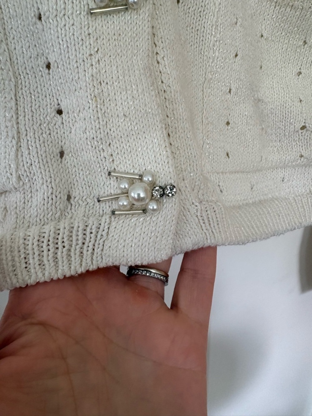 Zara Cream Knit Cardigan Sweater w/ Pearl Detail & Pockets – Size L - Picture 6 of 6